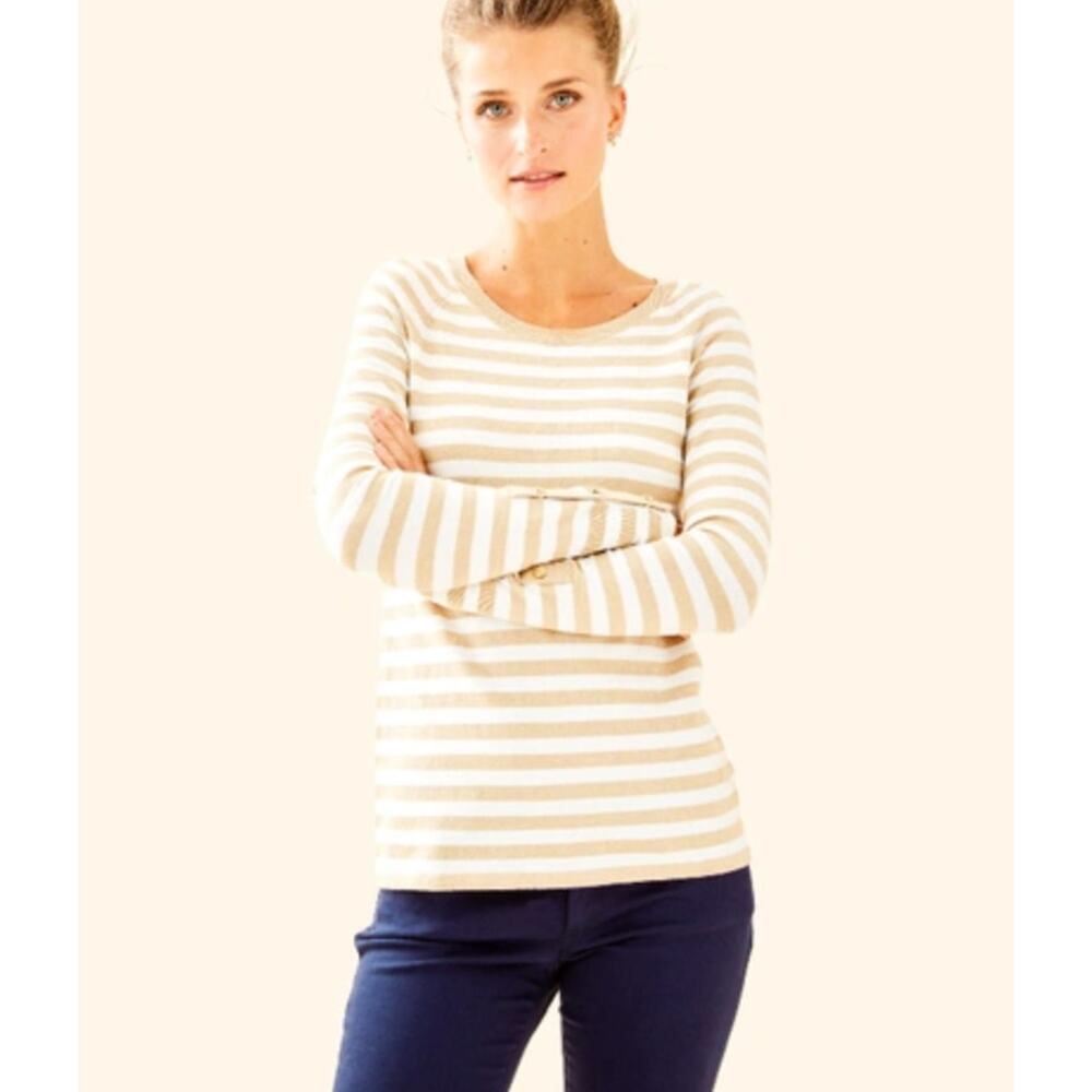 LILLY PULITZER Dinah Crewneck Sweater Positano Gold & White Stripe Sz XL